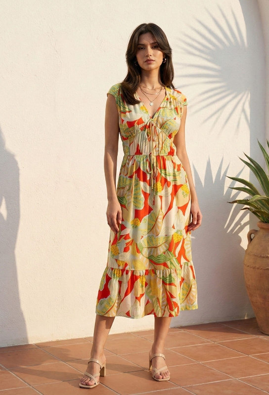 Picture of Cinched Waist Floral Printed Midi Dress