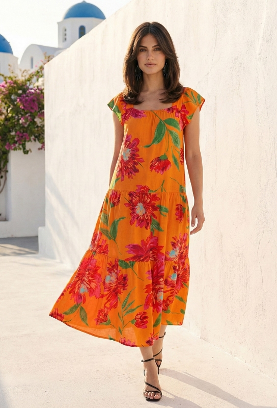 Picture of Orange Floral Flared Midi Dress