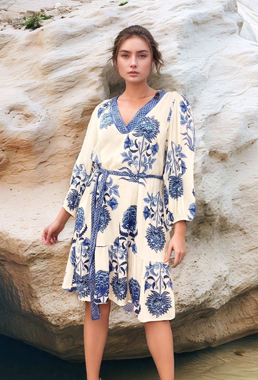 Picture of Azure Block Print Belted Midi Dress