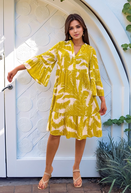 Picture of Sunburst Palm Flare-Sleeve Midi Dress