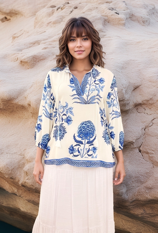 Picture of Azure Blossom Block Print Top