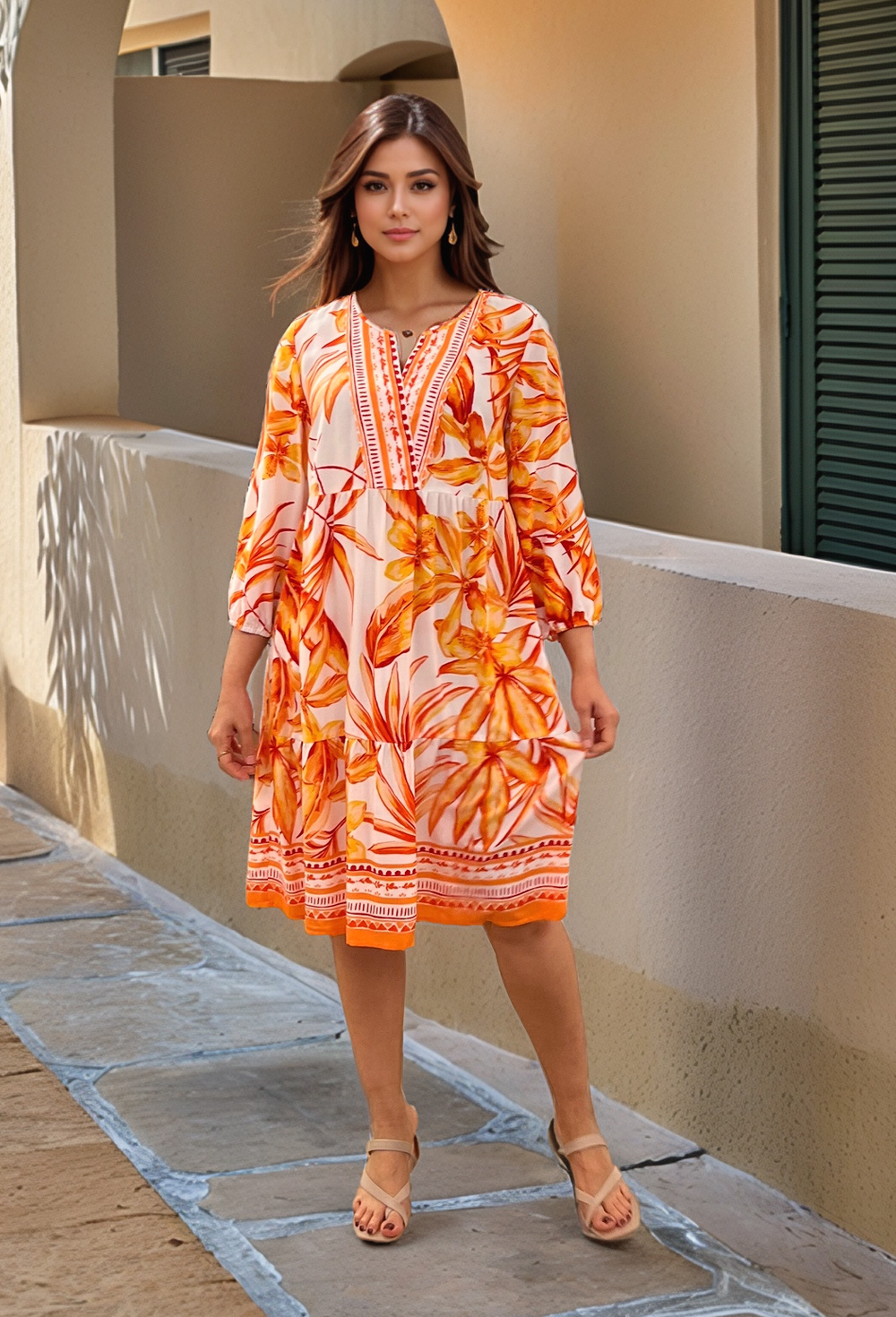 Picture of Sunset Tropical Bloom Border Print Dress